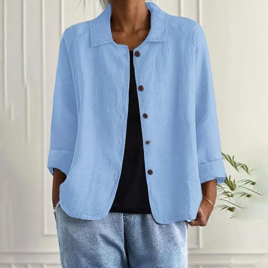 Damen Oversized Leinen-Hemdjacke mit Hemdkragen, 3/4-Ärmeln und durchgehender Knopfleiste Shop Nory