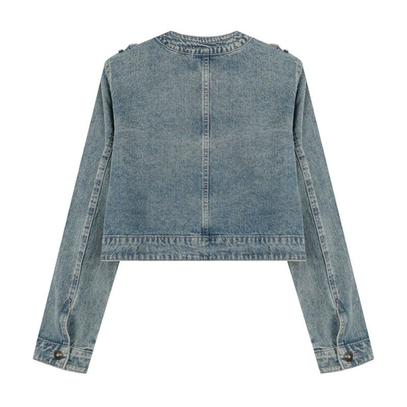 Damen Cropped-Denimjacke im Military‑Stil mit Zierknopfleisten Shop Nory