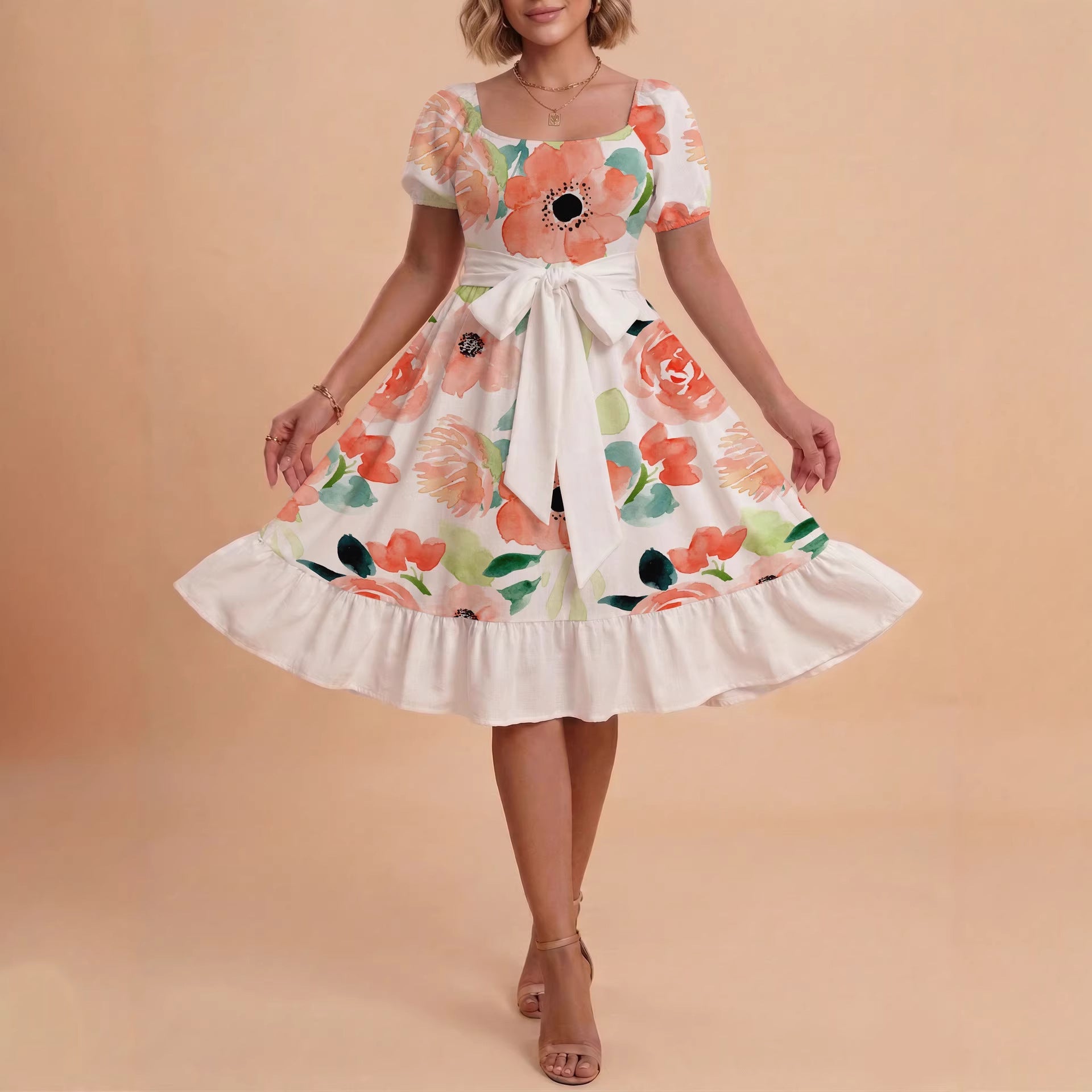 Damen Sommerliches Blumenkleid mit taillierbarem Gürtel und voluminösen Ärmeln
