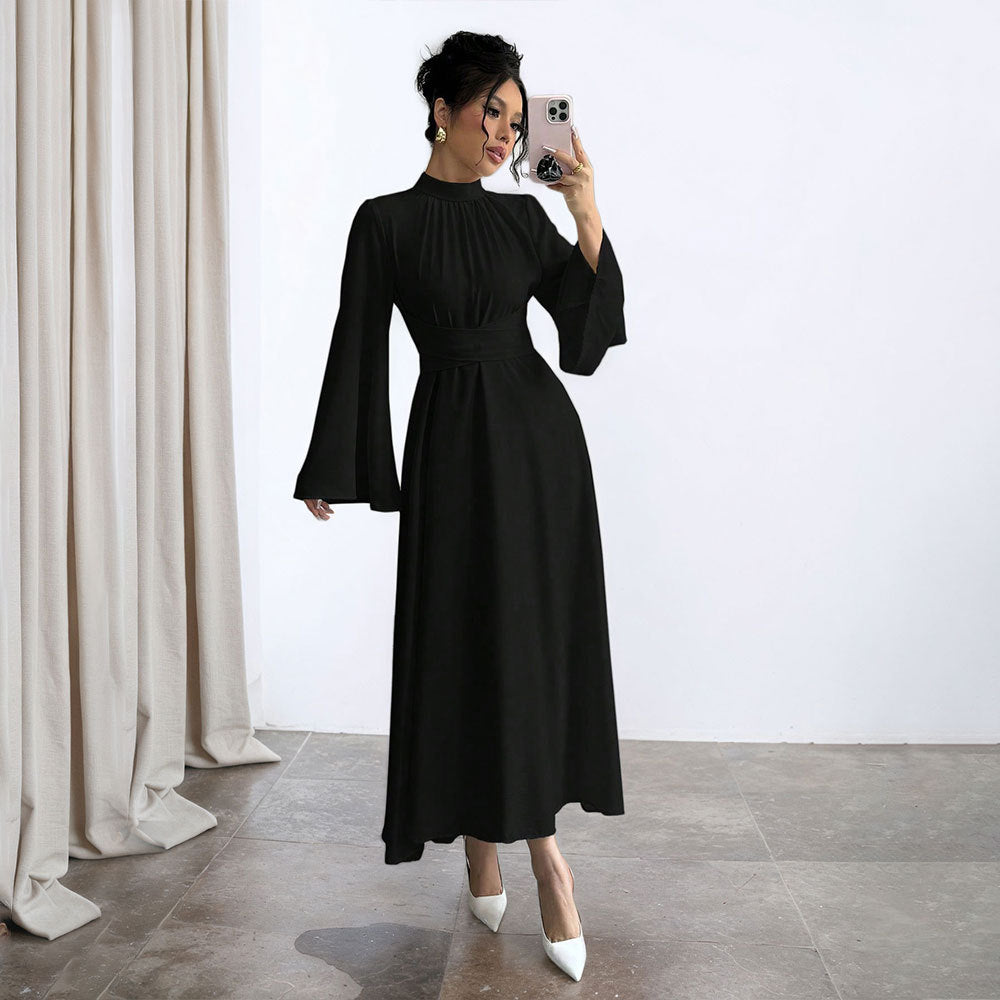 Damen elegantes Maxikleid mit Stehkragen, geraffter Taillenpartie und ausgestelltem A‑Linien‑Rock Shop Nory