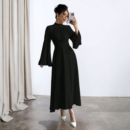 Damen elegantes Maxikleid mit Stehkragen, geraffter Taillenpartie und ausgestelltem A‑Linien‑Rock Shop Nory