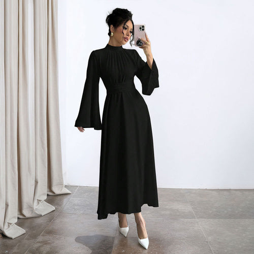 Damen elegantes Maxikleid mit Stehkragen, geraffter Taillenpartie und ausgestelltem A‑Linien‑Rock Shop Nory