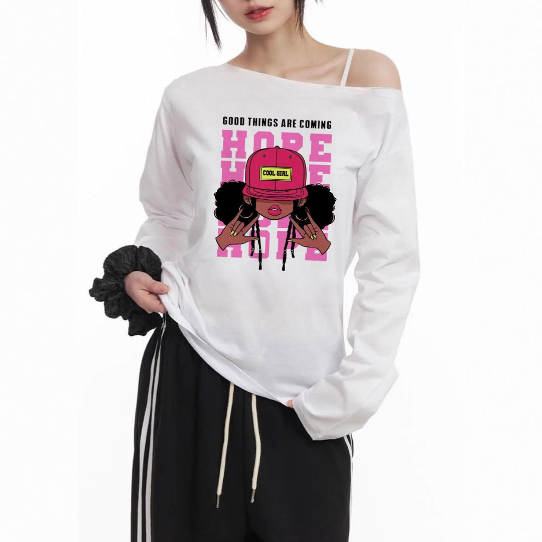 Damen nan lässiges Off-Shoulder Langarmshirt mit großflächigem Cartoon-Grafikprint und elastischem Baumwollmix Shop Nory