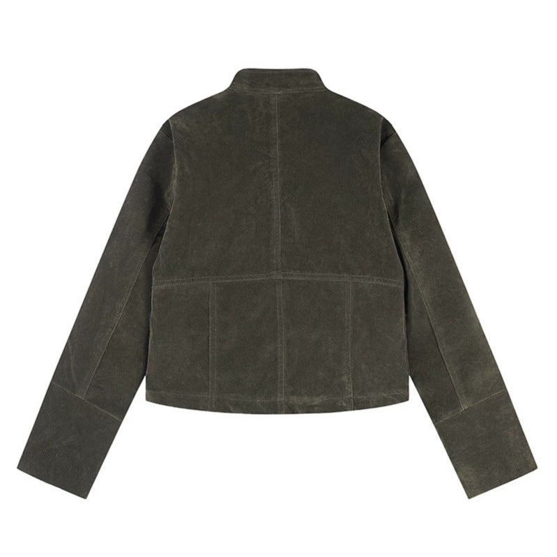 Damen kurze Wildleder-Utilityjacke mit Stehkragen, Mehrfachtaschen und Reißverschluss Shop Nory