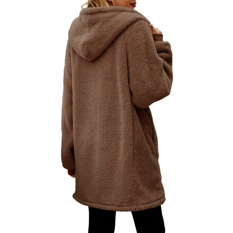 Damen kuschelige Fleecejacke mit Kapuze und Reißverschluss