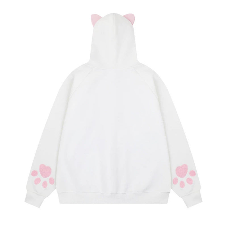 Damen Kapuzen-Sweatjacke mit Ohren, durchgehendem Reißverschluss, Kängurutasche mit Pfoten‑Applikation und verspielten Stickereien Shop Nory