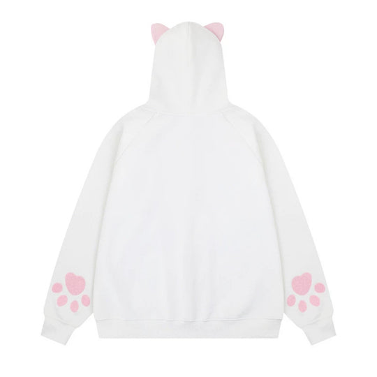 Damen Kapuzen-Sweatjacke mit Ohren, durchgehendem Reißverschluss, Kängurutasche mit Pfoten‑Applikation und verspielten Stickereien Shop Nory