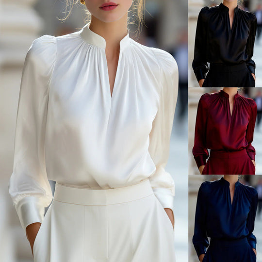 Damen Elegante Bluse mit Stehkragen und Bouffant-Ärmeln Shop Nory