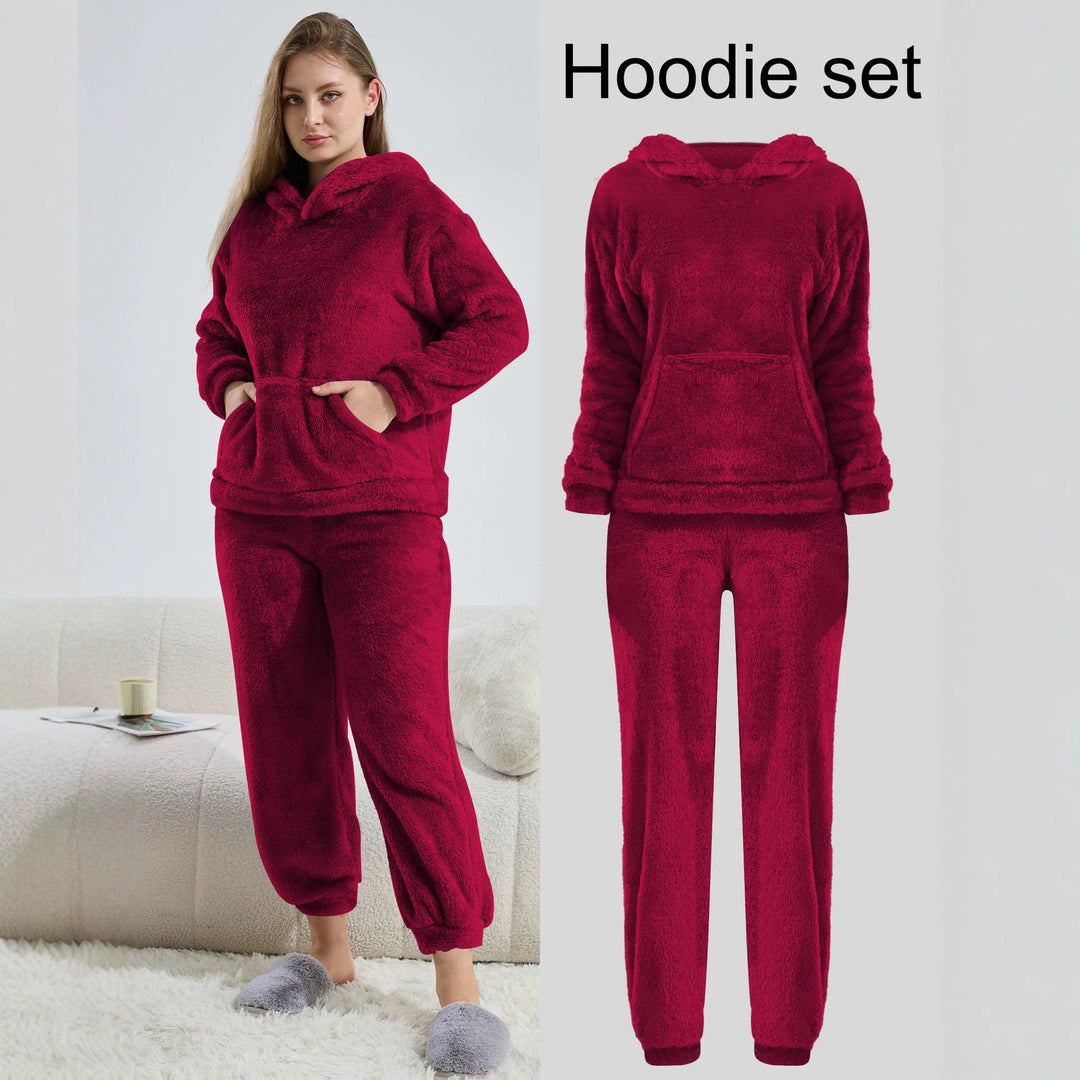 Damen Kuscheliges Teddy-Fleece Lounge-Set mit Kapuze und Kängurutasche Shopy Nory