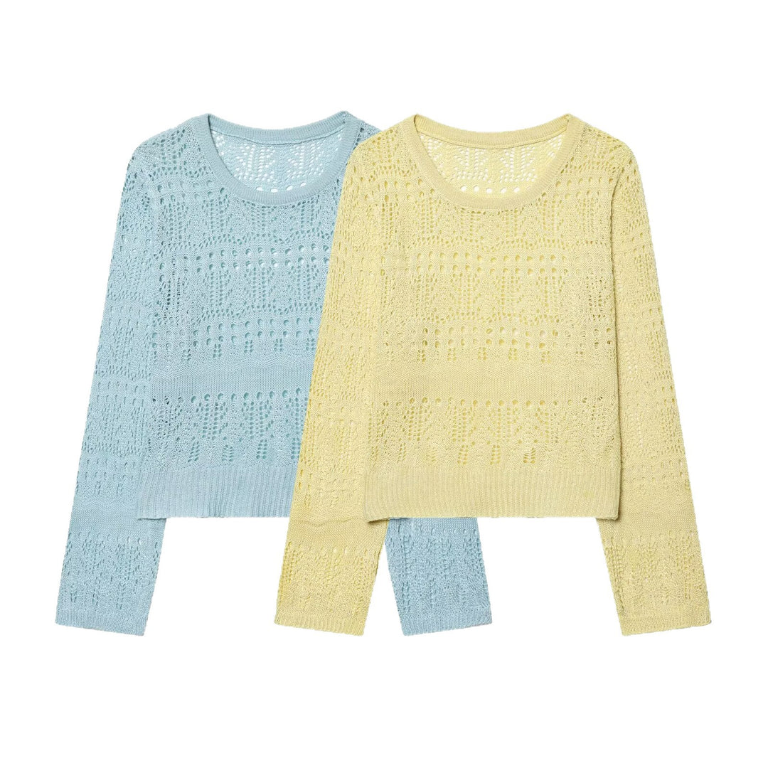 Damen Leichter Ajourstrick-Pullover mit Rundhalsausschnitt und Boxy-Cropped-Schnitt Shop Nory