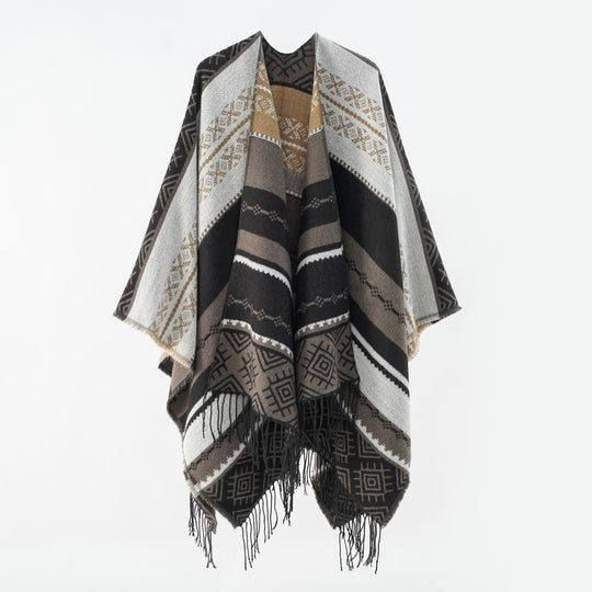 Damen Woven Jacquard-Poncho mit geometrischem Ethno-Muster und Fransensaum Shop Nory