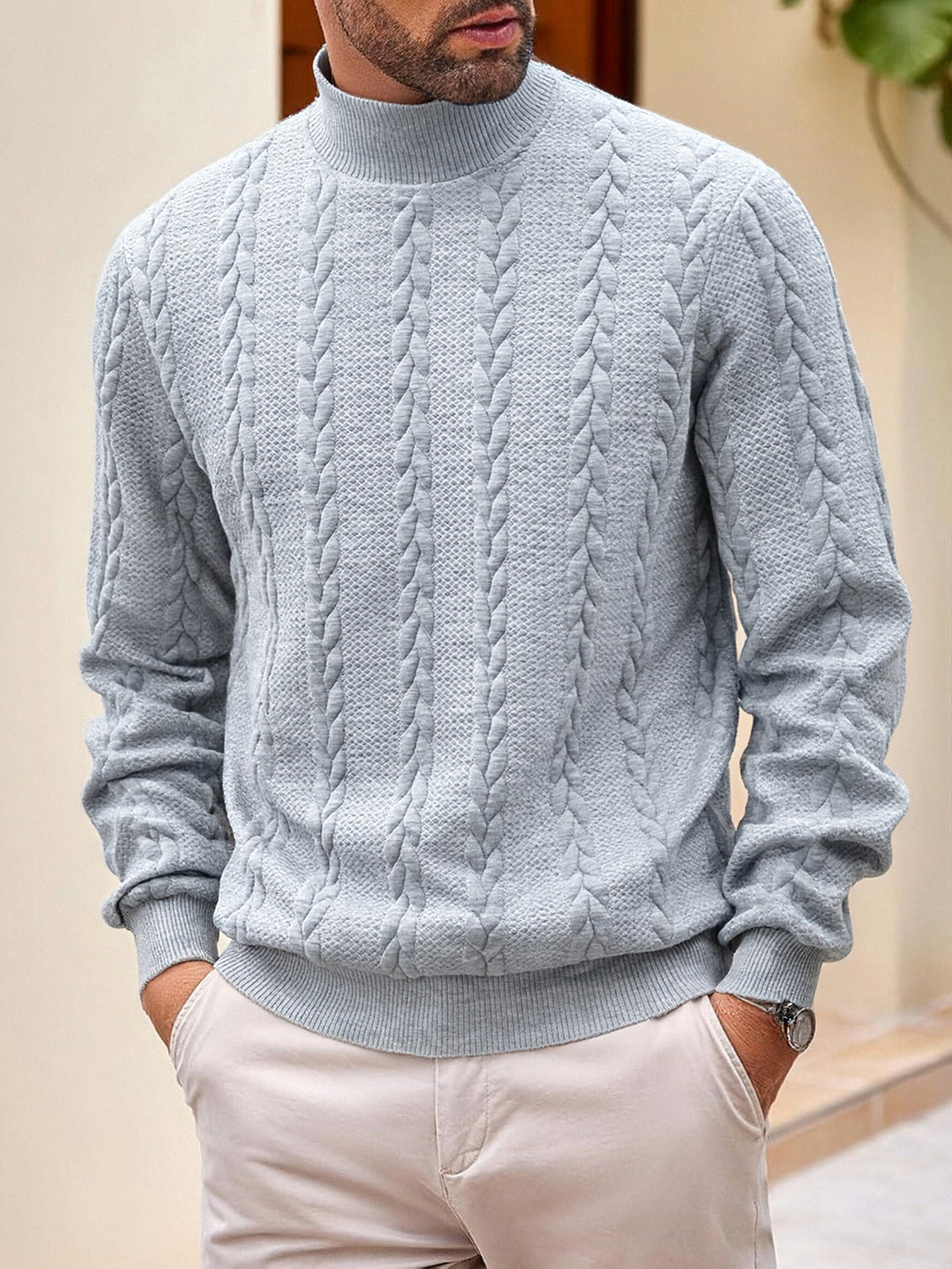 Herren grobgestrickter Zopfstrickpullover mit halbem Stehkragen und elastischen Rippbündchen Shop Nory