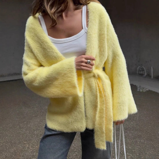 Damen Flauschige Strickjacke mit Gürtel Shop Nory
