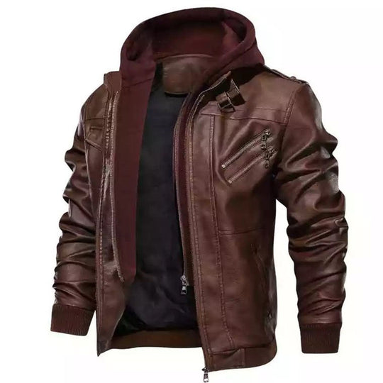Herren Kunstleder-Bomberjacke mit Kapuzen-Inlay, Mehrfach-Reißverschlusstaschen und Rippbündchen Shop Nory