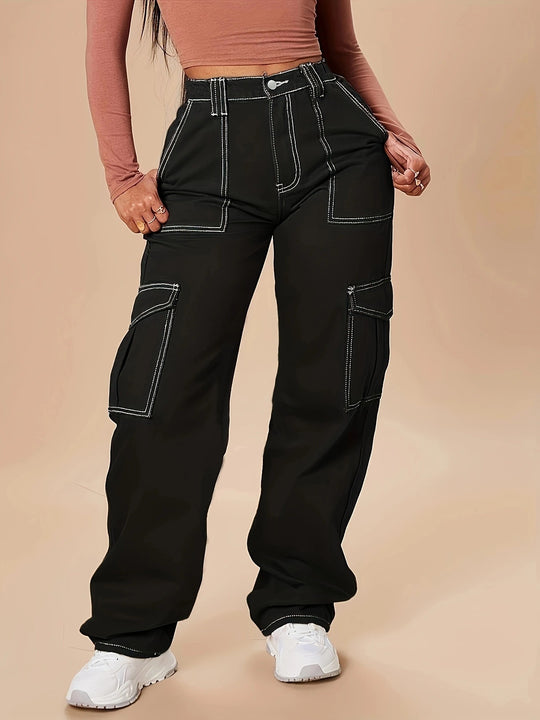 Damen Utility-Cargo-Hose mit weitem Bein, hoher Taille und kontrastierenden Ziernähten Shop Nory