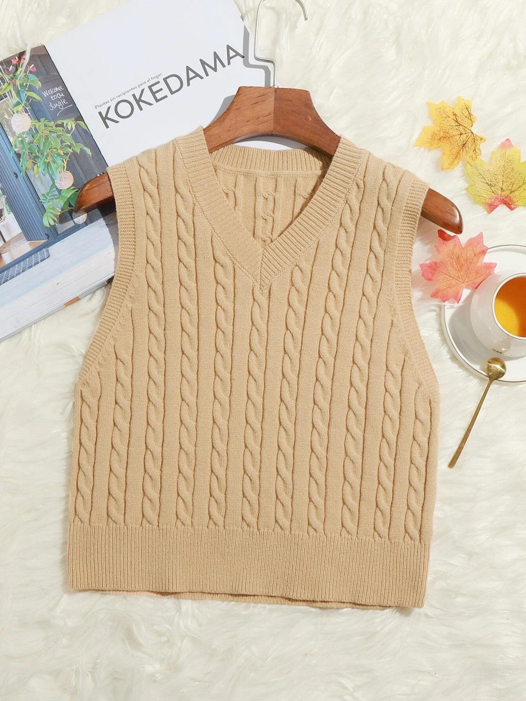 Damen Klassische Zopfmuster-Strickweste mit schmaler Passform und V-Ausschnitt Shop Nory