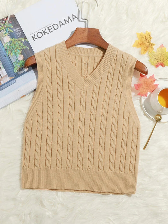 Damen Klassische Zopfmuster-Strickweste mit schmaler Passform und V-Ausschnitt Shop Nory