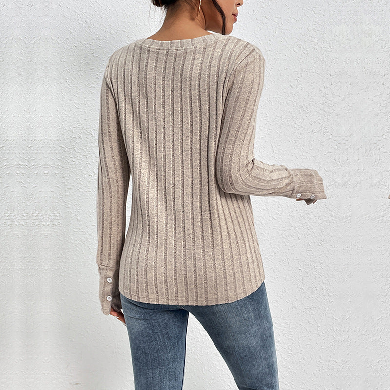 Damen Geripptes Feinstrick-Longsleeve mit V‑Ausschnitt und Spitzenpasse Shop Nory