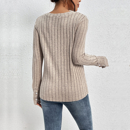 Damen Geripptes Feinstrick-Longsleeve mit V‑Ausschnitt und Spitzenpasse Shop Nory