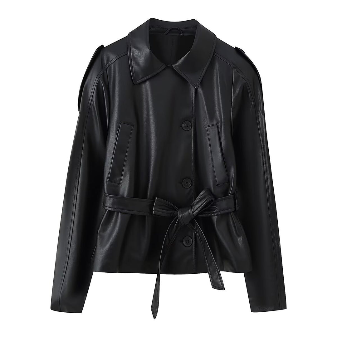 Damen Kurze Taillierte Kunstlederjacke mit Bindegürtel und Hemdkragen Shop Nory