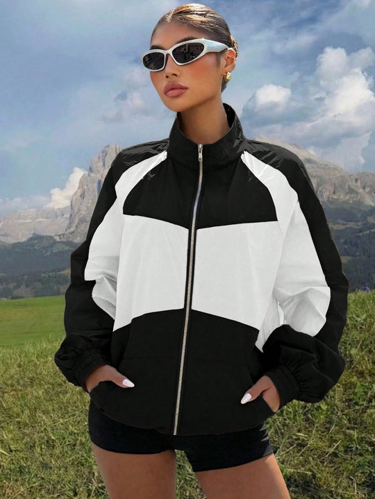 Damen Leichte Windbreaker-Jacke mit Stehkragen, Farbblock-Design und elastischen Bündchen Shop Nory