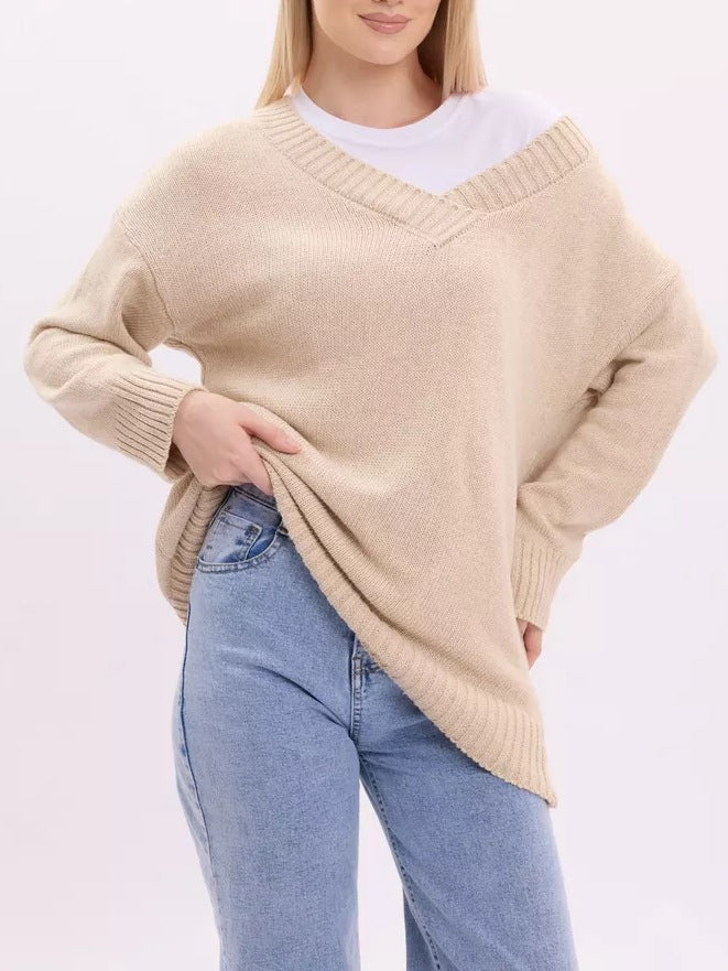 Damen Lässiger V-Ausschnitt Strickpullover