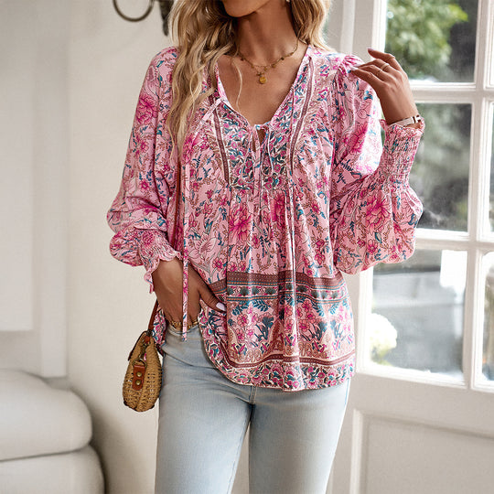 Damen nan lockere Boho-Tunika mit V-Ausschnitt Bindeband gerafften Ärmeln und floralem Muster Shop Nory