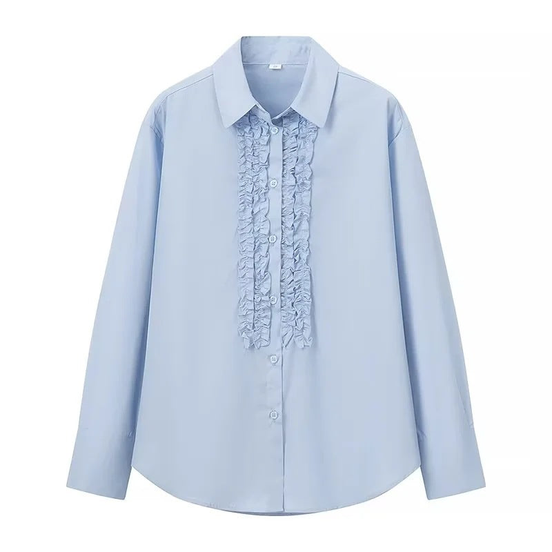 Damen Locker geschnittene Popeline-Bluse mit Rüschenblende und Hemdkragen Shop Nory