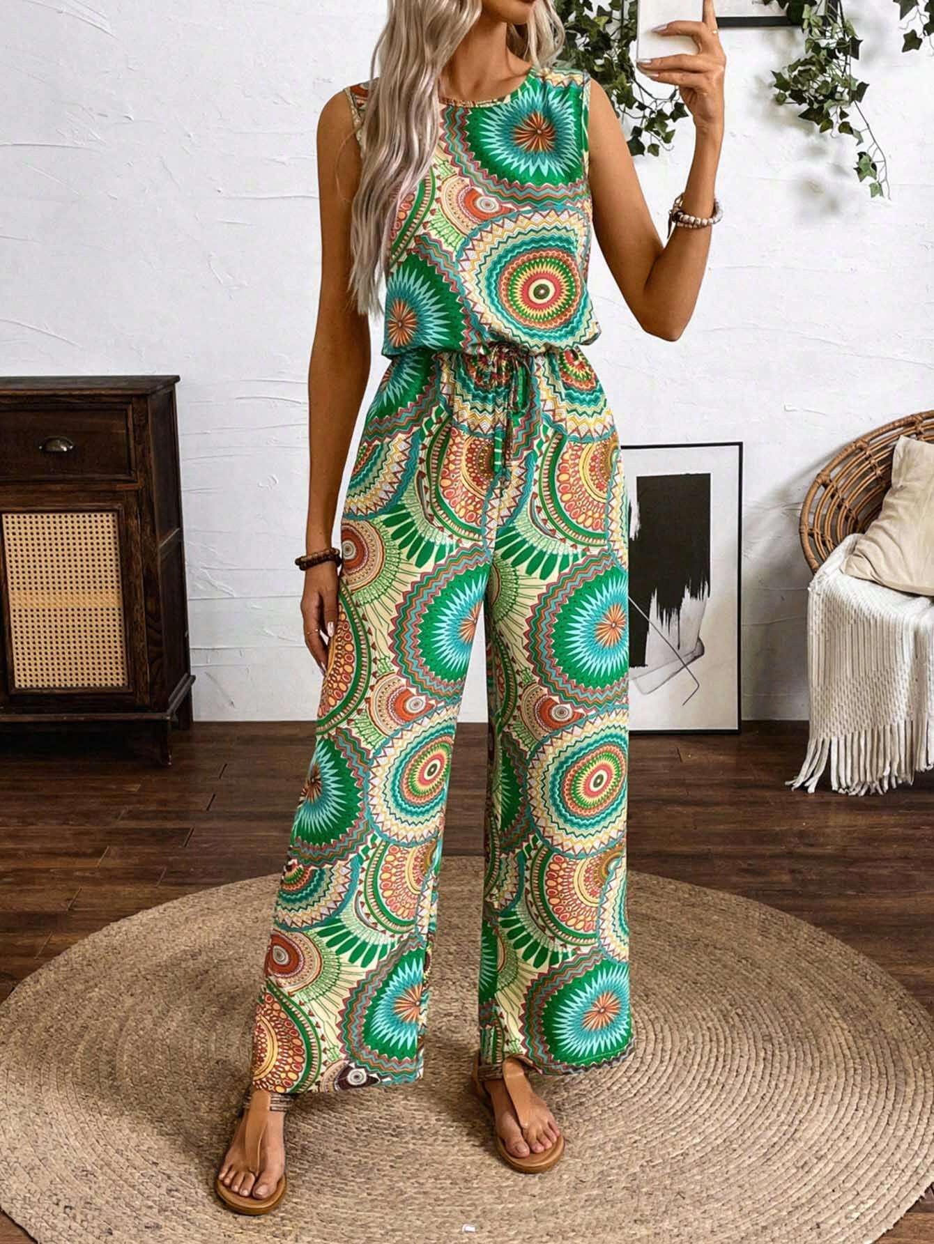Damen Lässiger Jumpsuit mit Auffälligem Musterdetail und Elastischem Bund