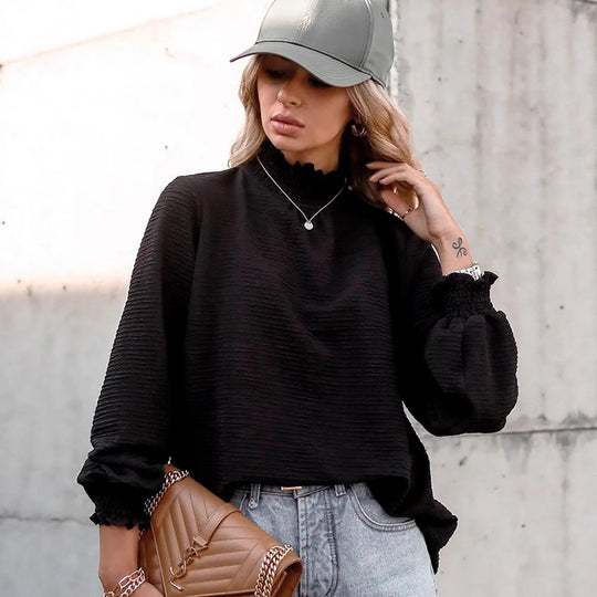 Damen nan langärmlige Strukturbluse mit gerafftem Stehkragen und Smokbündchen Shop Nory