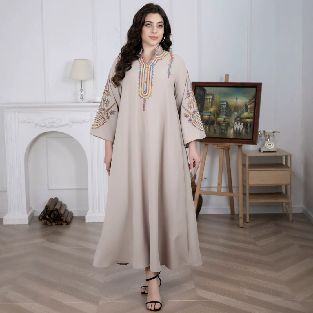 Damen Besticktes Maxikleid im Kaftan-Stil mit Stehkragen und Glockenärmeln Shop Nory