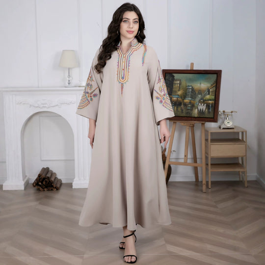 Damen Besticktes Maxikleid im Kaftan-Stil mit Stehkragen und Glockenärmeln Shop Nory