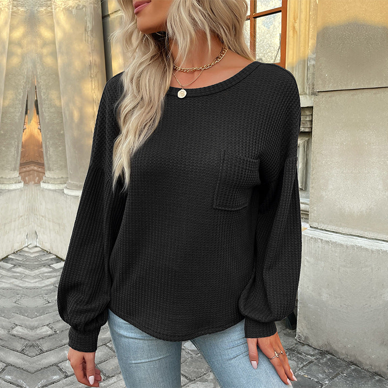 Damen Waffelstrick-Langarmshirt mit Oversize-Brusttasche und Ballonärmeln Shop Nory