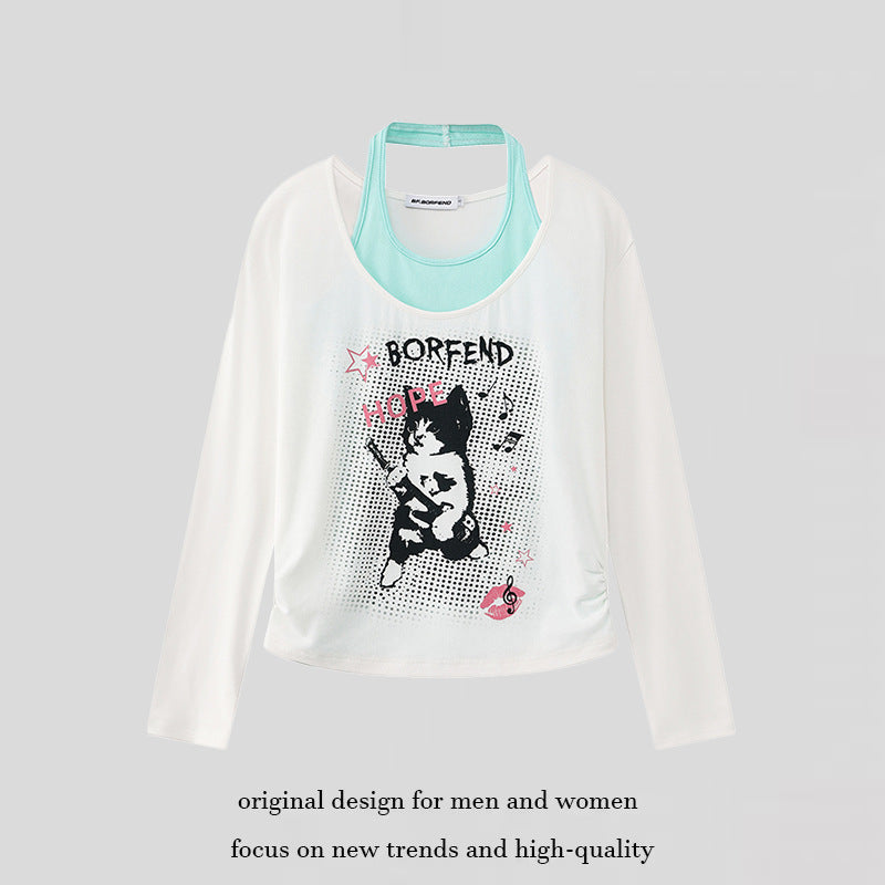 Damen Lagen-Langarmshirt mit Racerback-Innenlayer und Cartoon-Katzenprint Shop Nory