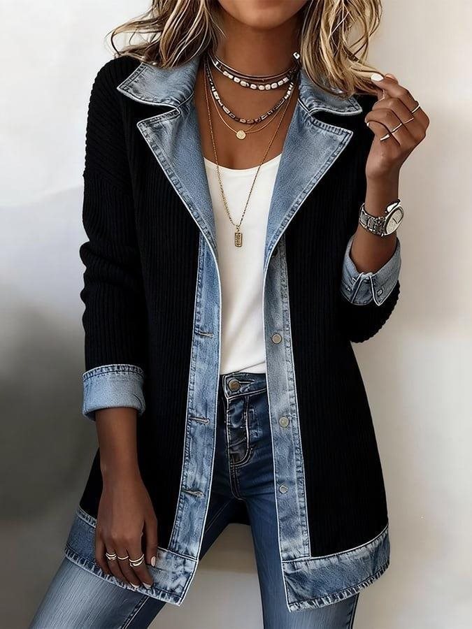 Damen Longline-Strickcardigan mit Jeanskragen und Saumbesatz Shop Nory