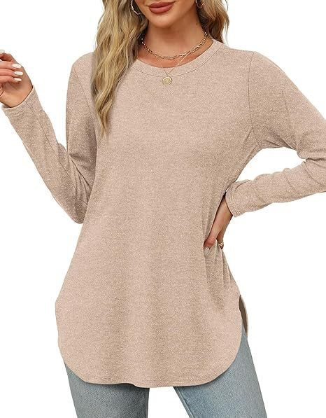 Damen Lässiges Longsleeve-Tunikaoberteil mit Rundhalsausschnitt, Seitenschlitzen und Aquarell-Blattprint Shop Nory