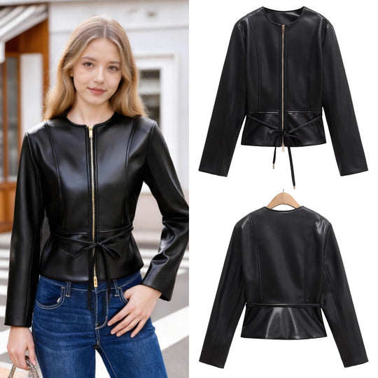 Damen Kollierlose Kunstlederjacke mit Reißverschluss und Taillenband Shop Nory