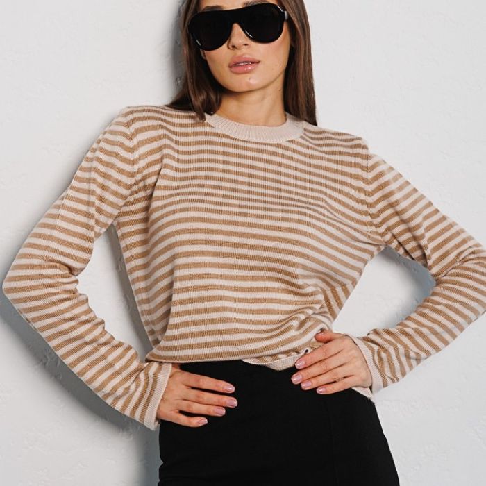 Damen gestreifter, lässiger Pullover aus hochwertigem Baumwollmix Shopnory