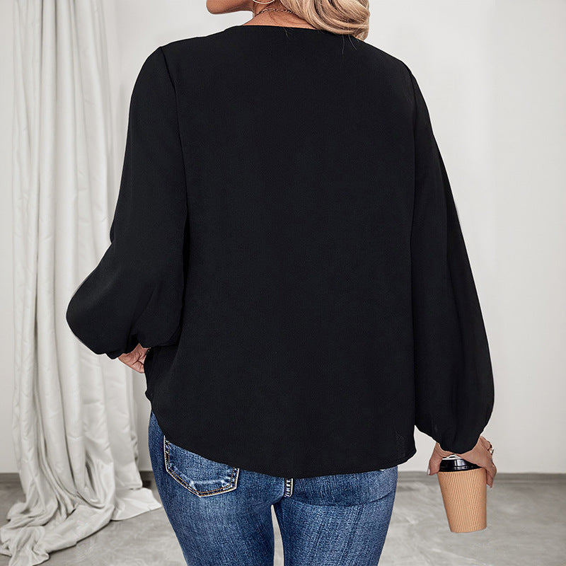 Damen V‑Ausschnitt Bluse mit Leoprint‑Zierband und luftigen Ballonärmeln Shop Nory