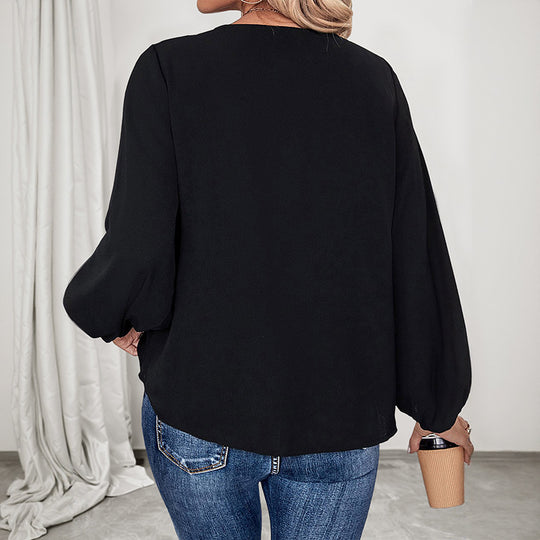 Damen V‑Ausschnitt Bluse mit Leoprint‑Zierband und luftigen Ballonärmeln Shop Nory