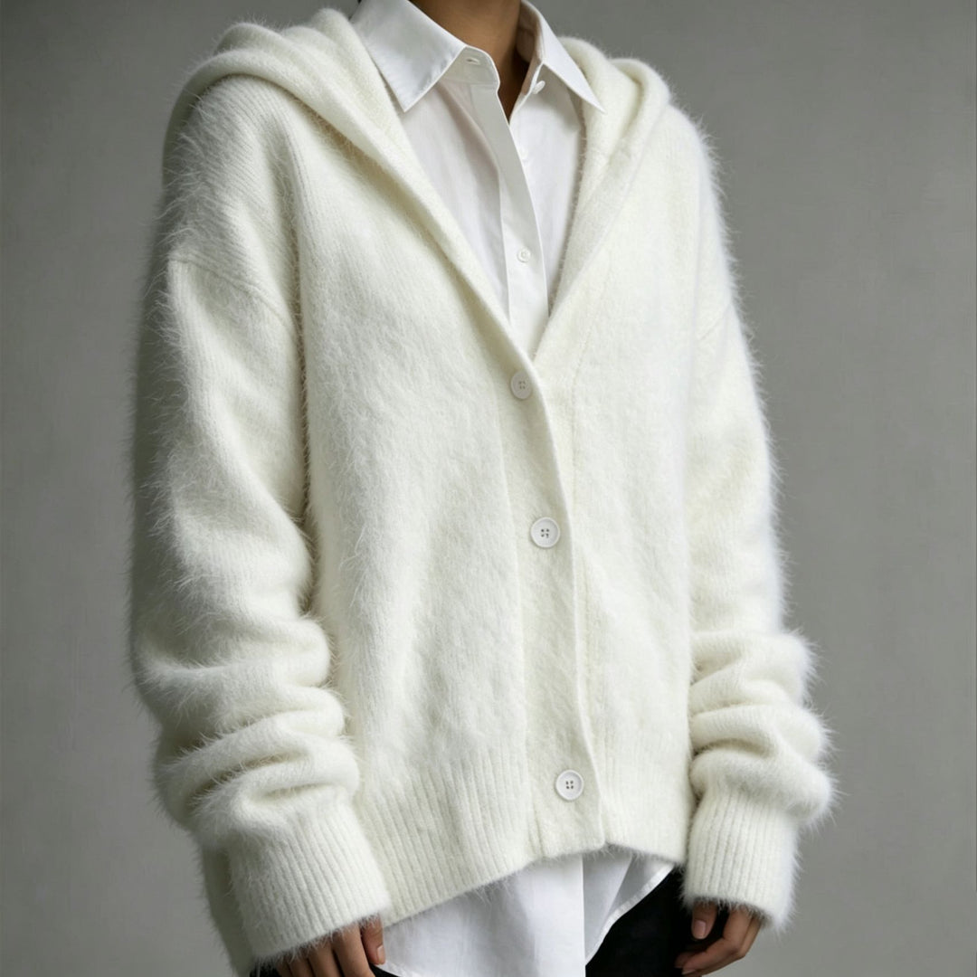 Damen Flauschiger Kapuzen-Cardigan im Mohair-Look mit Knopfleiste Shop Nory