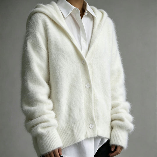 Damen Flauschiger Kapuzen-Cardigan im Mohair-Look mit Knopfleiste Shop Nory