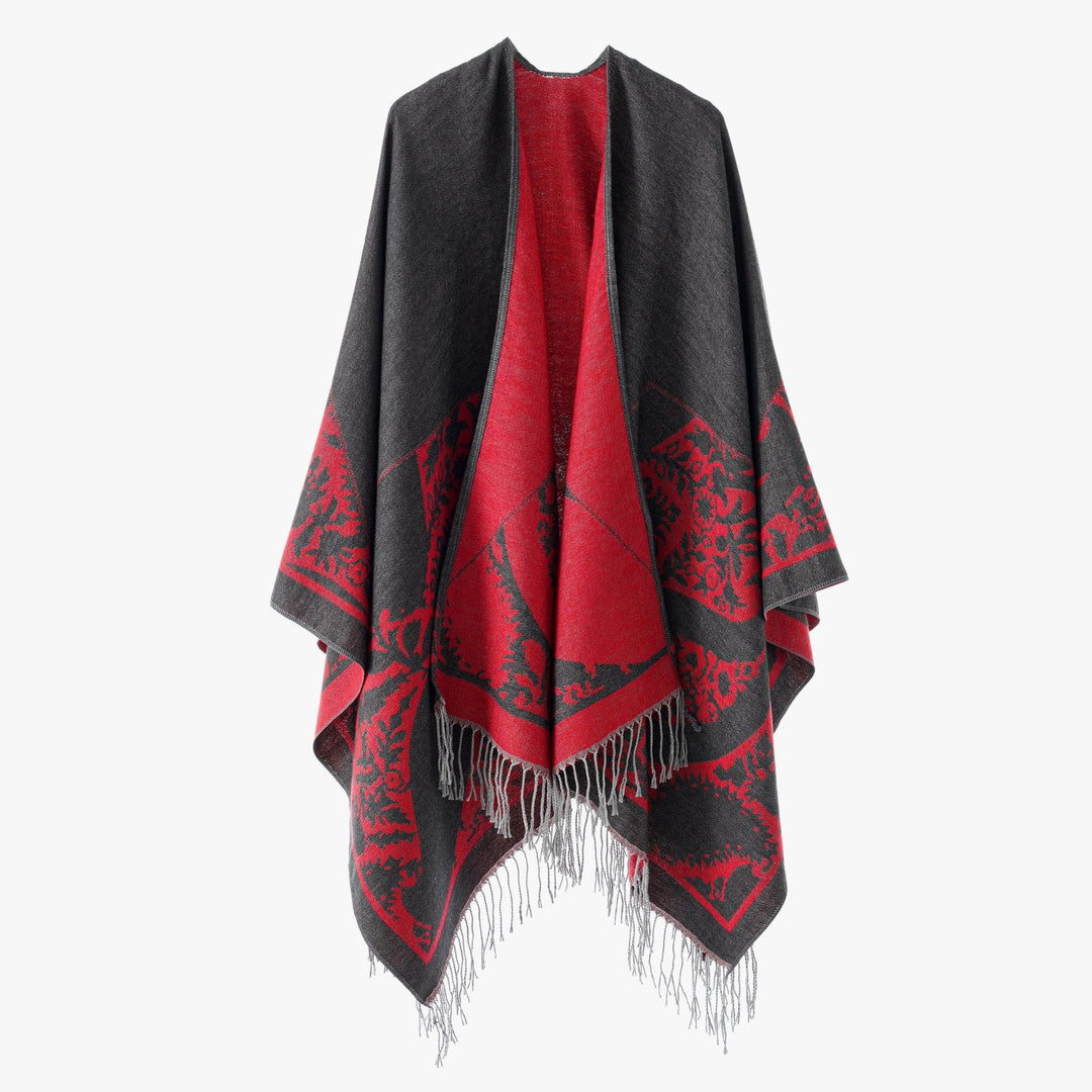 Damen Wendbarer Feinstrick-Poncho mit Jacquardmuster und Fransensaum Shop Nory