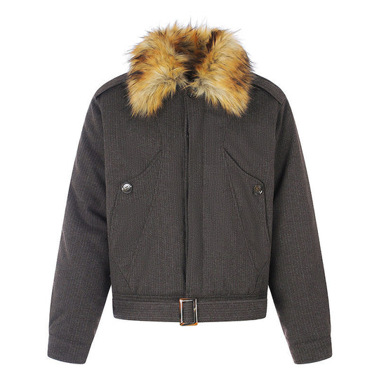 Damen kurz geschnittene wattierte Bomberjacke mit voluminösem Kunstpelzkragen und Taillengürtel Shop Nory
