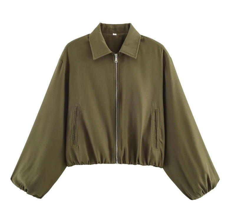 Damen Gekürzte Bomberjacke im Harrington‑Stil mit Ballonärmeln und elastischem Saum Shop Nory