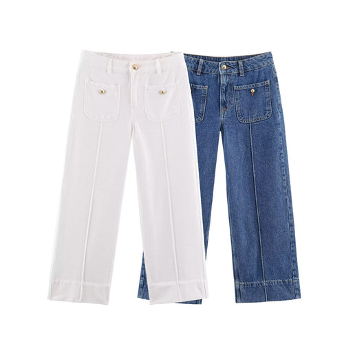 Damen High-Waist Wide‑Leg Jeans mit aufgesetzten Fronttaschen und Mittelnaht-Detail Shop Nory