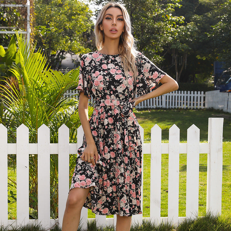 Damen Florales Midikleid mit Bindegürtel, Flatterärmeln und A-Linien-Schnitt Shop Nory