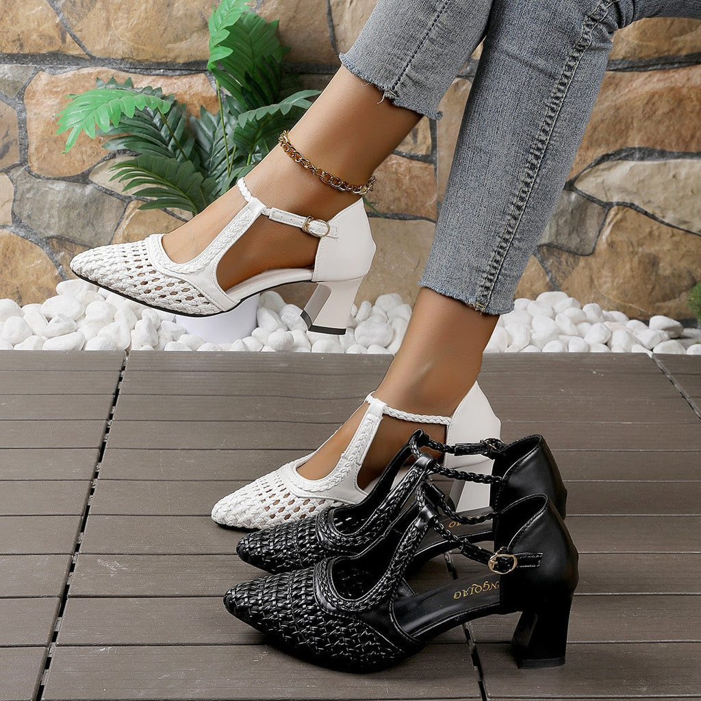 Damen elegante T-strap Sandaletten mit geflochtenem Design und komfortablem Blockabsatz