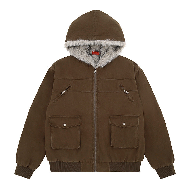 Damen wattierte Kapuzenjacke mit kunstfellfutter, Cargo‑Taschen und elastischen Bündchen Shop Nory