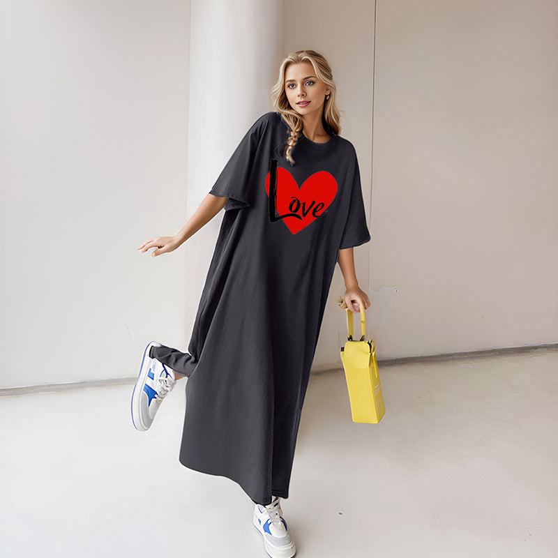 Damen nan locker geschnittenes Maxikleid mit großem Herzgrafikprint und Rundhalsausschnitt Shop Nory